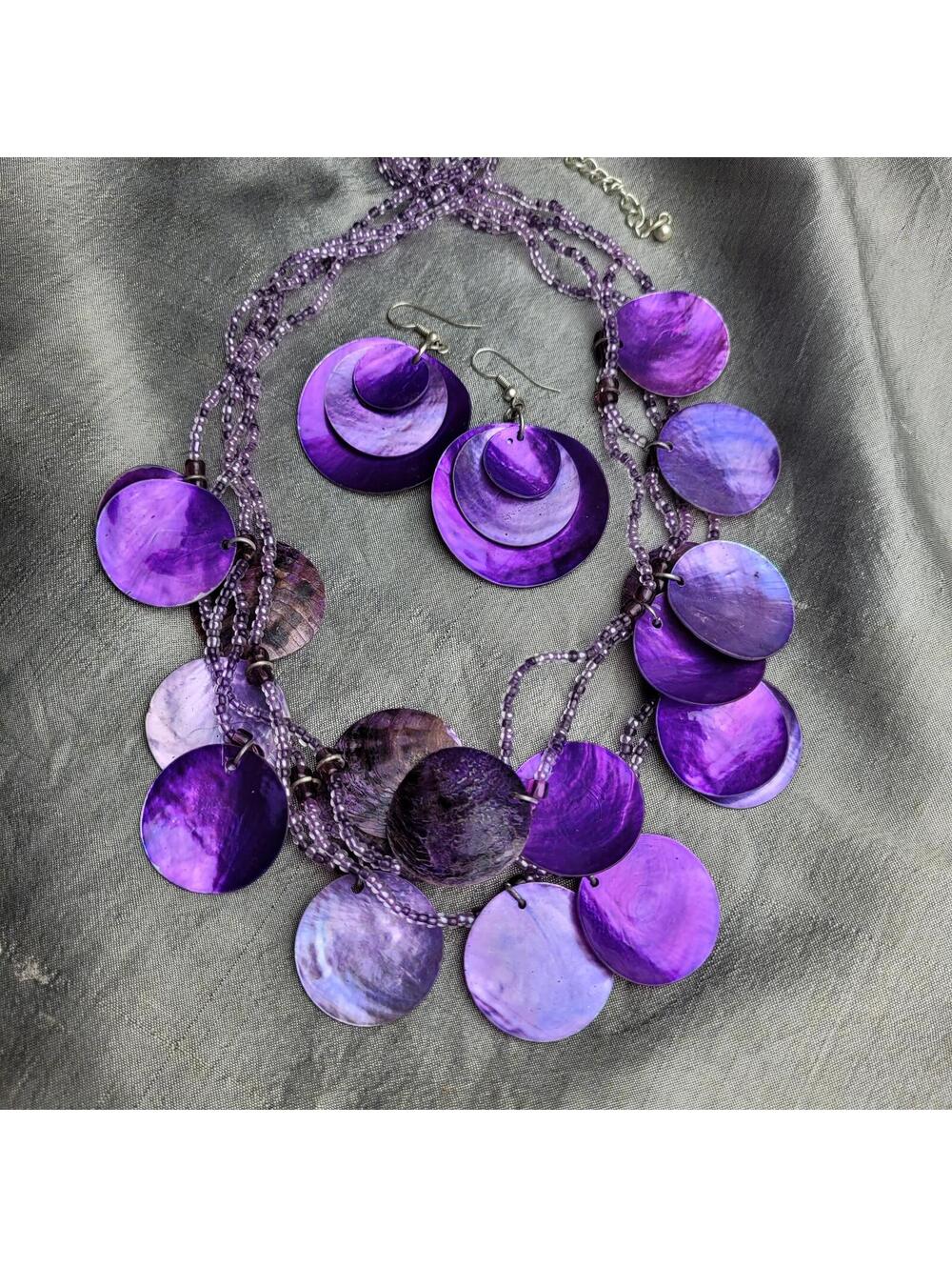 Purple Shell Disc Necklace and Earrings Set